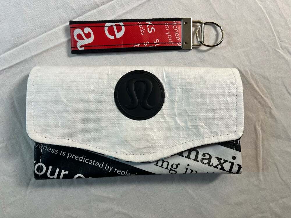 Lululemon Athletica Upcycled Manifesto Print Long Wallet Clutch with Keychain